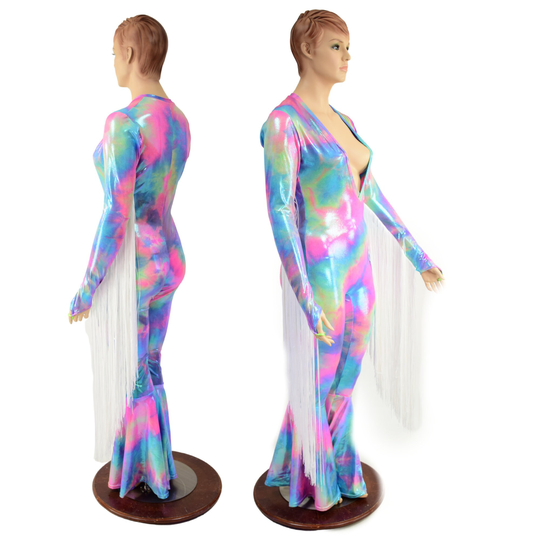 Cotton Candy Bell Bottom Catsuit With Plunging V Neckline // Long Sleeves Fingerloops & 30 Inch White Fringe 1579232