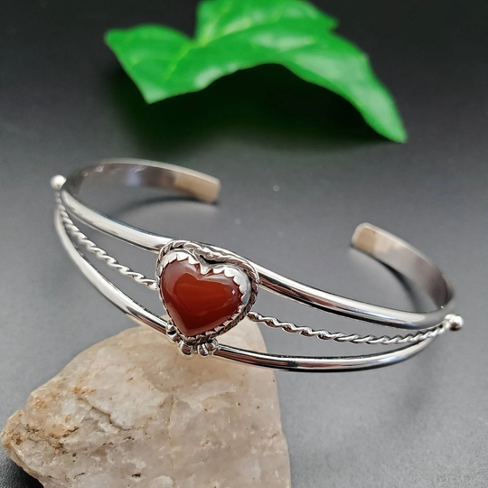 Lovely Heart Shape Carnelian Bracelet Cuff | Sterling Silver Healing Southwest