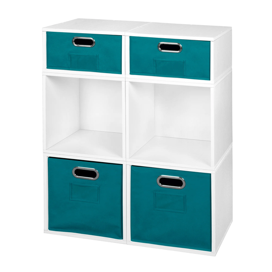 Noble Connect Storage Set- 4 Full Cubes/2 Half Cubes with Foldable Storage Bins- White Wood Grain/Teal