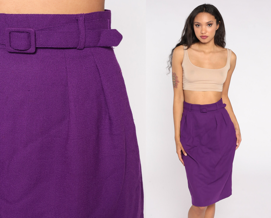 Purple Wool Skirt 80S Mini Pencil High Waisted Preppy Wiggle Vintage Waist Retro Secretary 1980S Small S