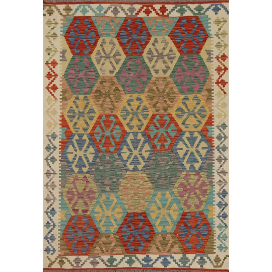 Reversible Kilim Oriental Area Rug Flat-weave Multi-Color Wool Carpet - 4'3" x 5'7"