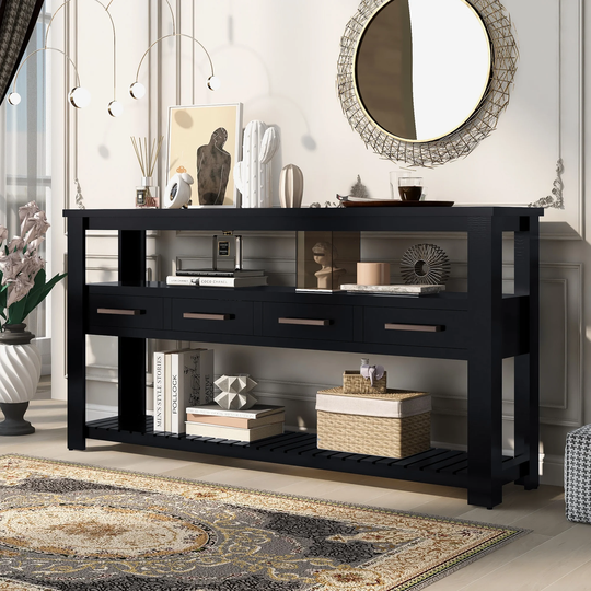 Modern 62.2" Console Table with 4 Drawers & 2 Open Shelves, Simple Exquisite Classic Sofa Table for Living Room Bedroom