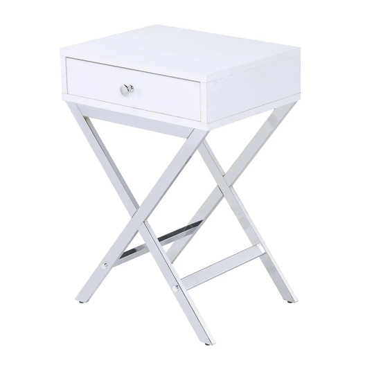 Wood and Metal Side Table with Crossed Base, White and Silver - 22 H x 16 W x 12 L Inches