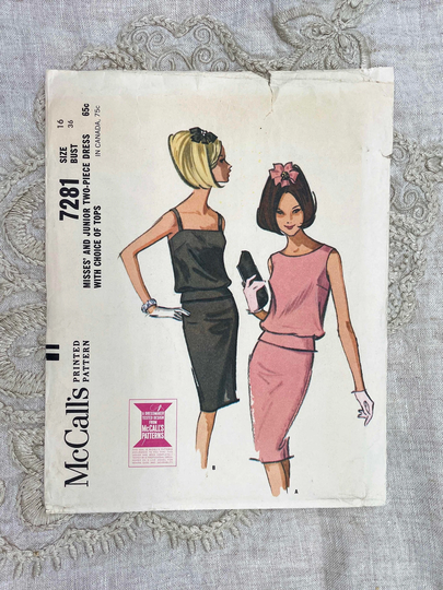 Mccall's 7281 - 1960S Two Piece Dress With Pencil Skirt & Blouson Top Pattern Size 16 | 36" Uncut | Ff
