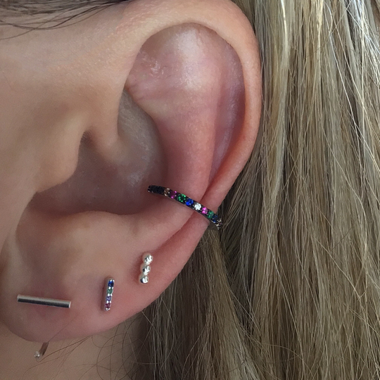 Tiny Multi Color Bar Stud Earrings Sterling Silver Colorful Cz Stones Rainbow Climbers Tiny Ear Climber Cartilage Studs
