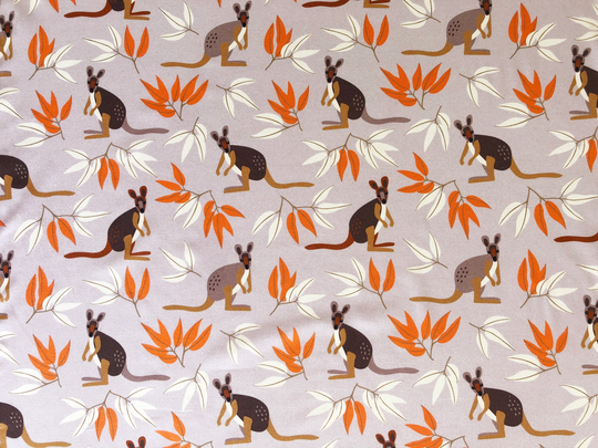 Wallaby & Eucalyptus Leaves Beige Or Apricot Quilting Cotton Fabric By 1/4 1/2 Yard, Fat Quarter Fabric, Australian Wild Bush Animal