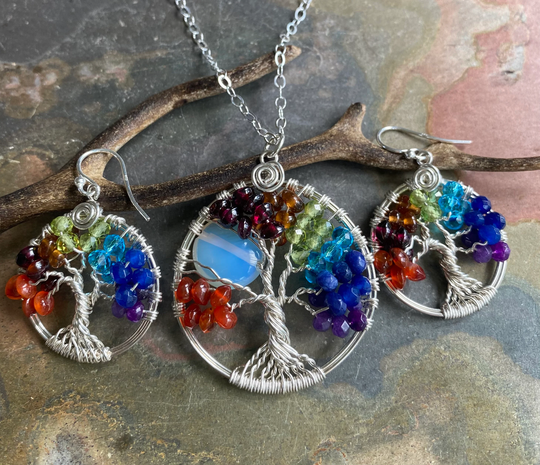 sterling Silver 7 Chakras Opalite Moon Tree Of Life Necklace, Wire Wrapped Life, Healing
