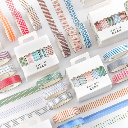 Basic Color Graphic Geometry Pattern Washi Tape Set 5 Rolls Pastel Palette Deco Masking Planner Journal Diary Scrapbook 10mm Wide 3 M