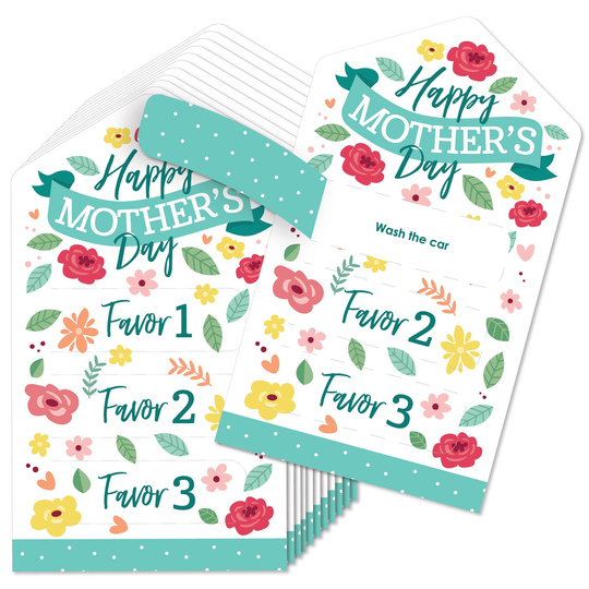 Colorful Floral Happy Mother's Day - We Love Mom Party Game Pickle Cards Kids Coupon Pull Tabs Set Of 12