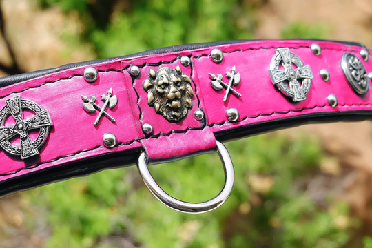 Pink Leather Dog Collar Padded, Dog Gear Accessories For Pets Celtic Conchos & Rivets Mastiff Cane Corso
