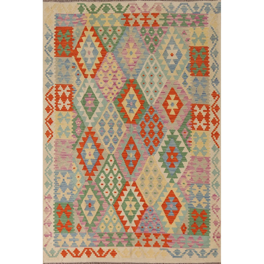 Colorful Kilim Reversible Area Rug Hand-woven Oriental Wool Carpet - 5'0" x 6'10"