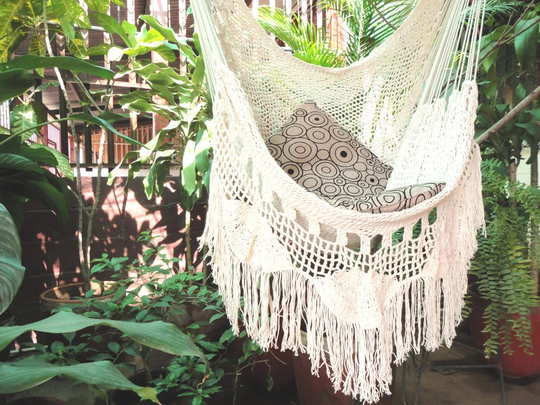 Hammock Chair Natural Cotton & Wood. Indoor Outdoor Hanging Swing Beige White. Reading For Bedroom, Patio, Porch. Handmade