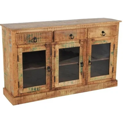 60 Inch Reclaimed Wood Rustic 3 Drawer 3 Door Sideboard Accent Cabinet