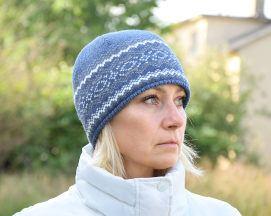 Blue Nordic Woolen Hat With Gray Fair Isle Pattern Simple Beanie Ski Hat For Men & Women Fleece-Lined Scandinavian Winter Woollana