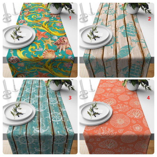Oyster Table Runner, Sea Shell Top, Decorative Cover, Starfish Tablecloth, Anchor Print Decor, Nautical Ship Decor