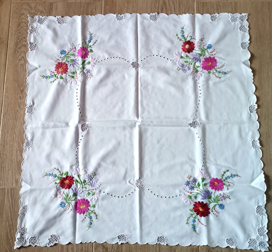 Hungarian Vintage Kalocsa Cotton Handmade Embroidered Tablecloth, Traditional Folk Art Table Linen Flower Pattern, Sewing Pattern Tablecloth