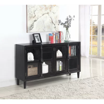 60 Inch Vintage Style 4 Door Sideboard Cabinet Console, Glass Panels, Black
