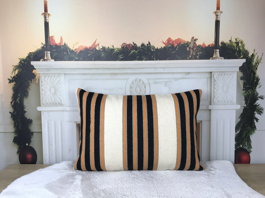 Bohemian Chic Pillow, Kilim Chair Farmhouse Style Throw Decorative Striped White Cushion, 16x24 Inches 2578