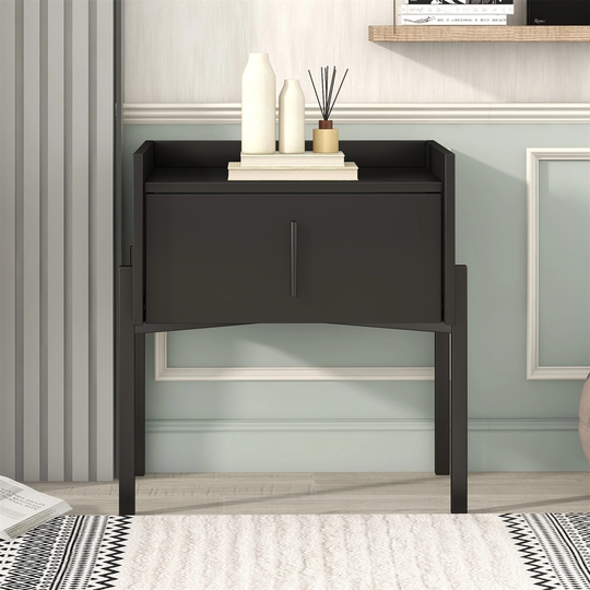 Black Nightstand 2 Drawer Storage Bedside Table with USB Charging Port