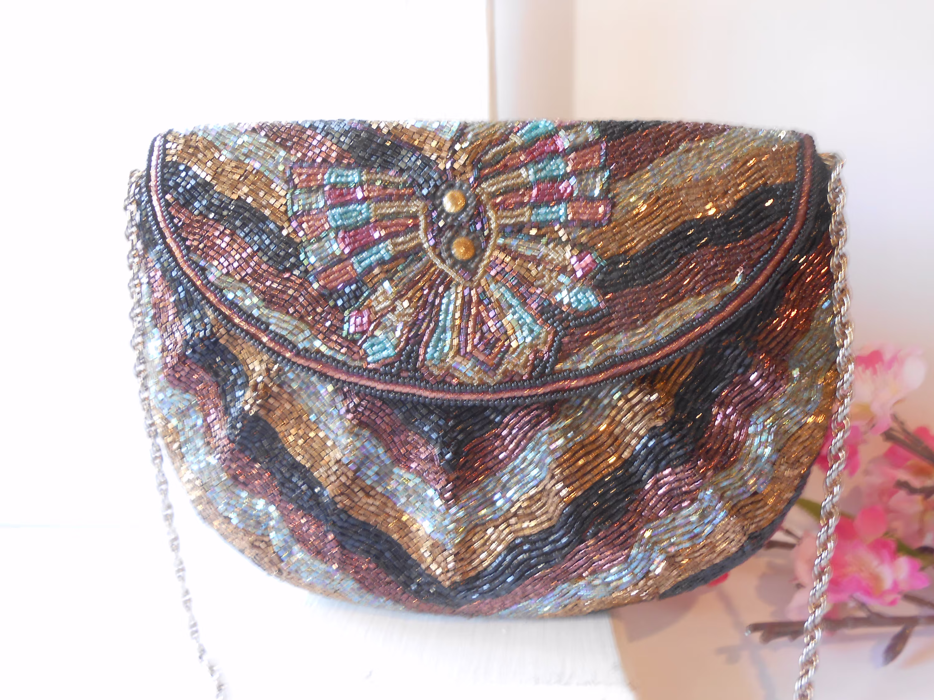 Multi-Color Bead Evening Bag, Beaded Clutch Copper Teal Gold Beading, Hashimoto Of Japan, Special Occasion Eb-0220