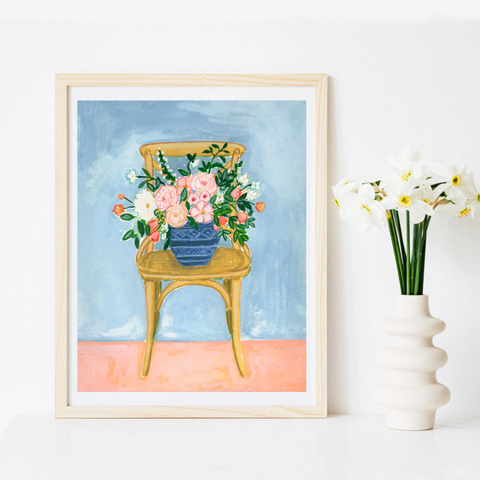 Chair Wall Art, Cottage Decor, Flowers in A Art Print, Bentwood Farmhouse Core