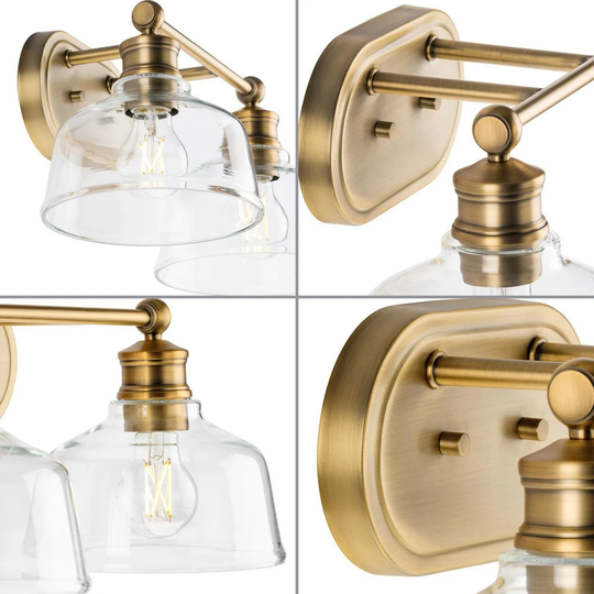 Singleton Collection 2-Light 17 in. Vintage Brass Vanity Light with Clear Glass Shades - Small