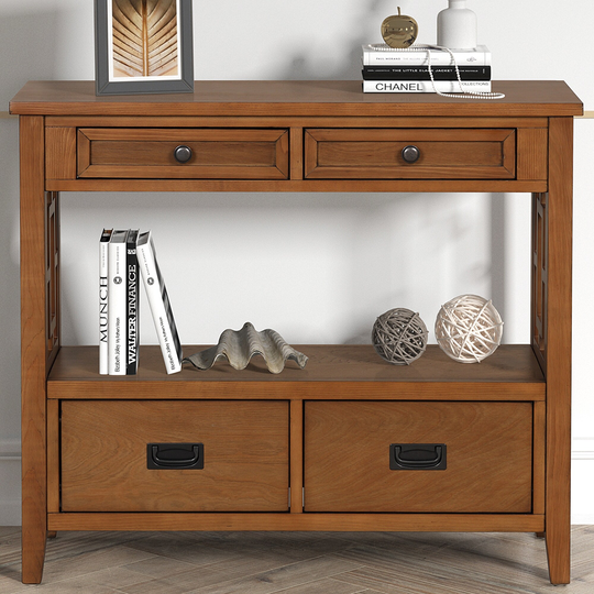 39'' Farmhouse Pine Wood Console Table with 4 Drawers & 1 Open Storage Shelf, Sofa Table for Entryway, Living Room, Bedroom