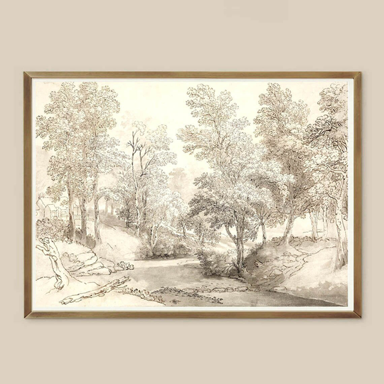 Pencil Sketch Landscape Art Print, Home Decor, Landscape Vintage Drawing, Neutral Trees, Forest Sketch, Creek