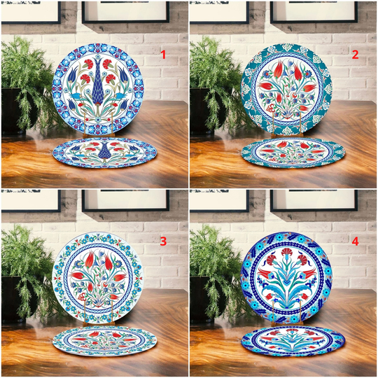Tulip Design Placemats, Tile Style Table Mat, Authentic Decor, Round American Service, Bohemian Underplate | Set Of 2, Boho Home Decor