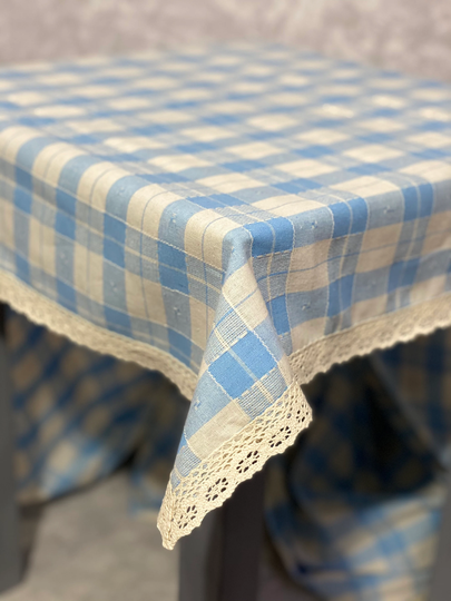 Linen Plaid Tablecloth - Large Table Cloth in Blue White With Lace Trim, 55.12 X 78.74 Inch/140 200 cm