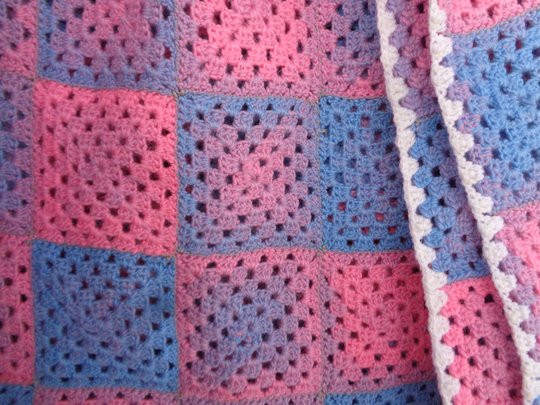 24"x 59" Vintage Hand Crochet Chair Cover Or Bed Runner, Pink, Lilac & Pale Blue Granny Square Topper