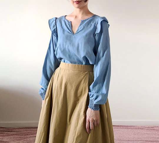 Chambray Ruffled Top - Vintage Style Denim Blouse