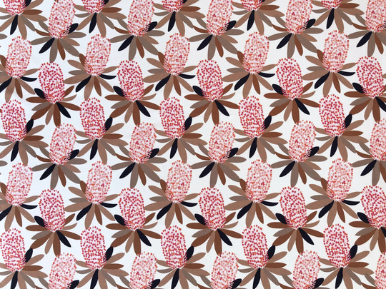 Banksia Blooming Australian Native Floral Beige Navy Quilting Cotton Fabric By 1/4, 1/2 Yard Or Fat Quarter