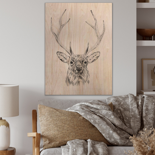 Designart 'Pencil Deer Sketch In Black And White' Traditional Wood Wall Art - Natural Pine Wood