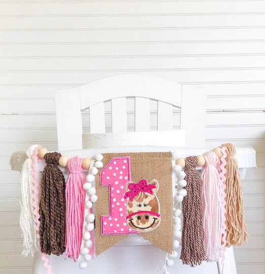 Rodeo Horse Cowgirl Birthday High Chair Yarn Tassel Banner, Cake Smash Backdrop First