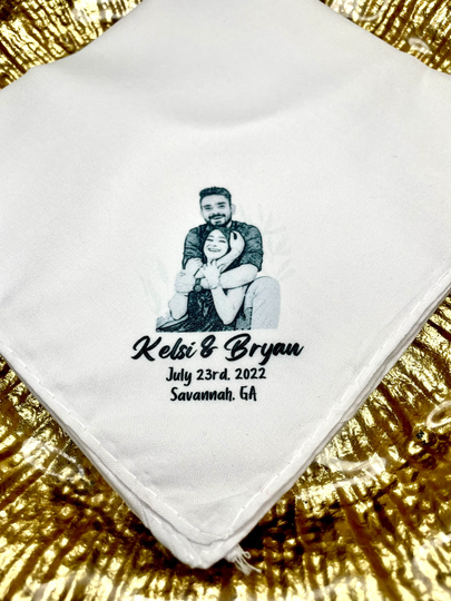 Pencil Sketch With Image Custom Dining Napkins/ Second Line Wedding/Party HandkerchiefsCustomizable Name & Date | Design 2