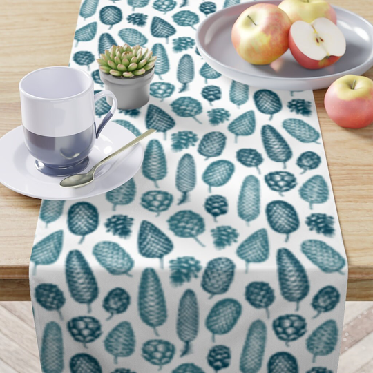Table Runner in Teal Pinecone Print Holiday Christmas Decor For Entertaining, Housewarming & Tabletop 16"x 90" In