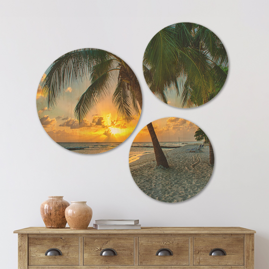 Designart 'Beach in Caribbean Island of Barbados' Modern Seascape Wood Wall Art Set of 3 Circles - Multi-Color