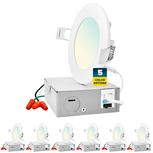 Sunperian 4 inch Ultra-Thin LED Recessed Light J-Box 5 Color Options 10W 750 Lumens Dimmable Wet Rated ETL 6 Pack