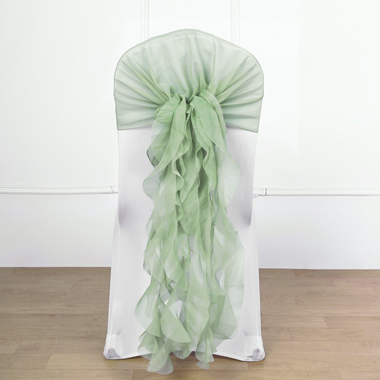 Sage Green Premium Curly Chiffon Chair Cover Cap With Sashes