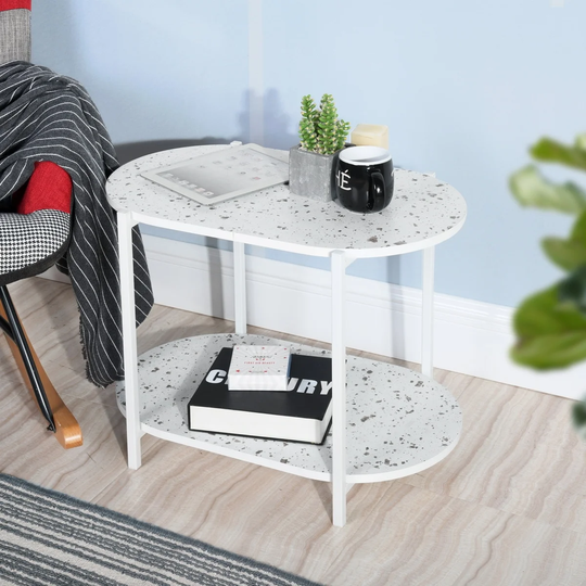 White Side End Table 24" 2-Tiers Oval Nightstand, Modern Marble Small Table Coffee Tea Sofa Table for Living Room Indoor Balcony