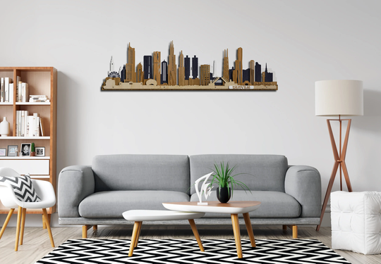 Chicago Big Skyline Detailed Colored 3D Wooden Cityscape Layered Laser Cut Large Wall Art Free Express Shipping