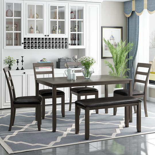 6-Piece Simple Style High Quality Rubber Wooden Kitchen Dining Table, 4 Chairs and 1 Bench with Comfortable PU Cushion
