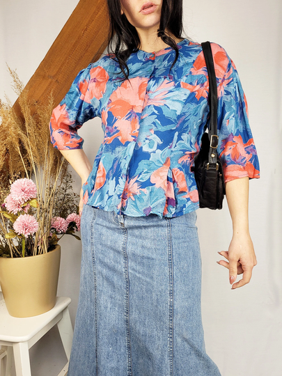 Vintage Shirt, 90S Blue Colorful Flower Print Peplum Blouse Top