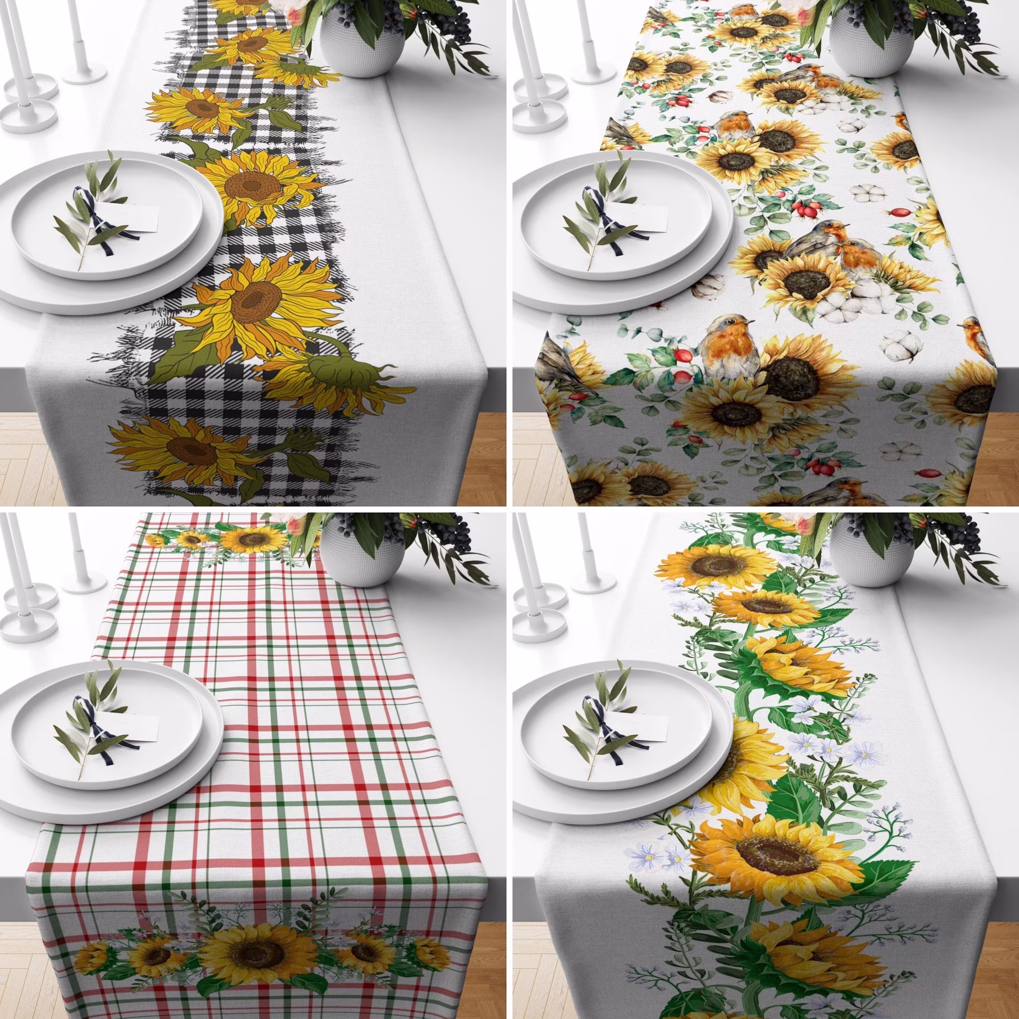 Yellow & White Table Runners, Plaid Kitchen Runner, Floral Sunflowers Tablecloths, Home Textile Decor, Housewarming Gift