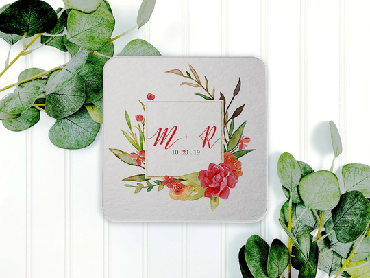 Full Color Coaster Personalized Wedding Coaster, Bar Custom Logo With Floral Monogram