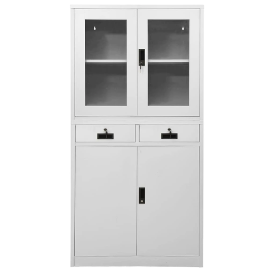 Office Cabinet Steel Frame and Tempered Glass with Door Drawer Gray