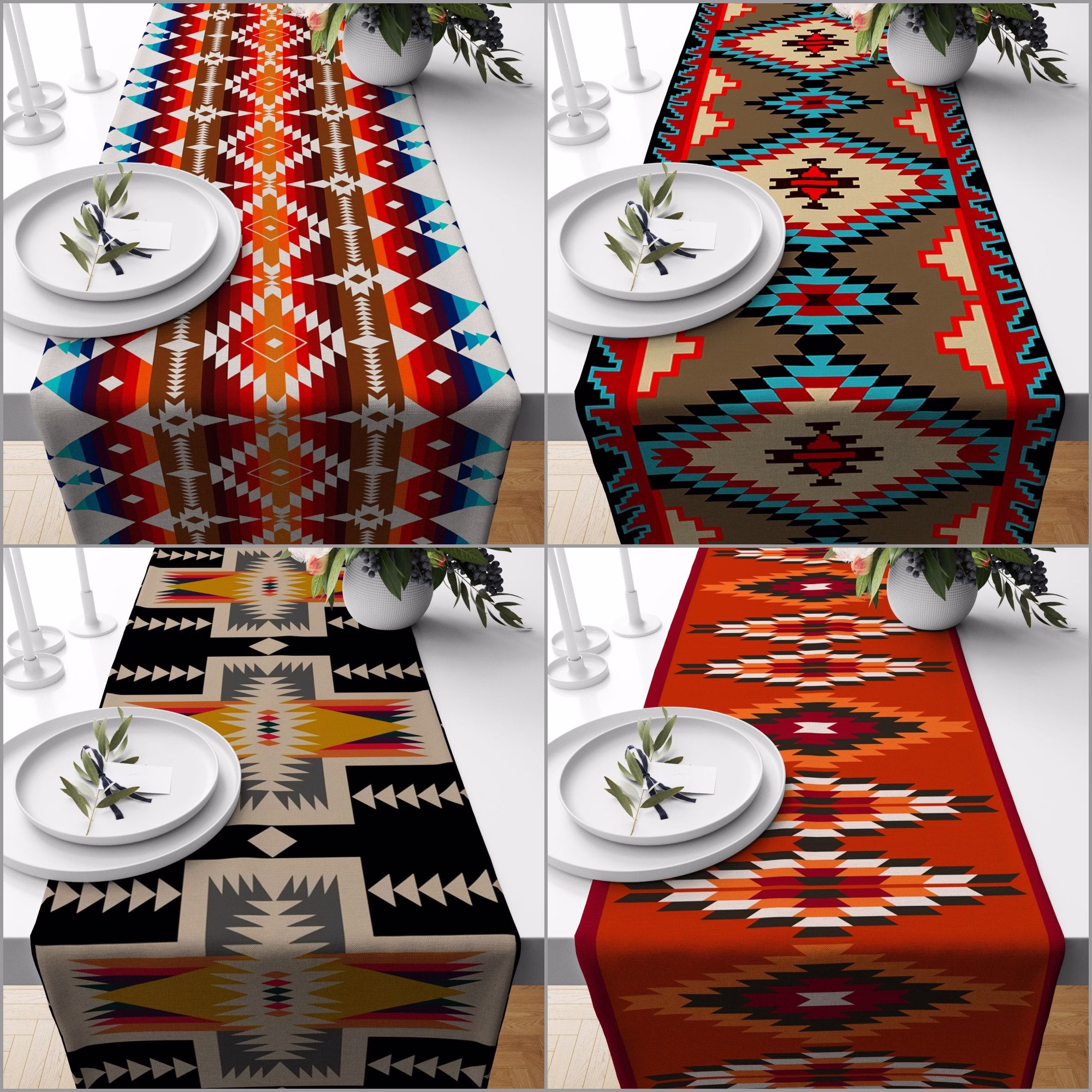 Rug Design Table Runner|Terracotta Southwestern Top|Aztec Print Home Decor|Authentic Tabletop|Farmhouse Style Geometric Tablecloth