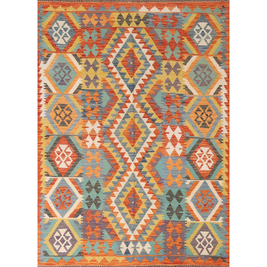 Geometric Multi-Color Kilim Reversible Area Rug Flat-weave Wool Carpet - 5'1" x 6'8"
