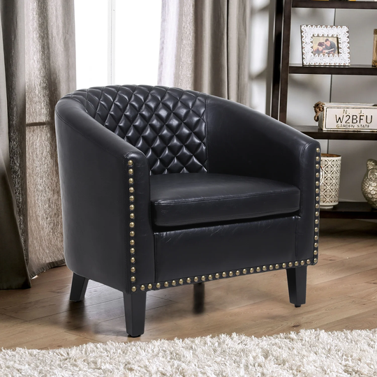 Modern Accent Chair Barrel Chair Living Room Leisure Chair with Nailheads and Solid Wood Legs for Living Room or Bedroom